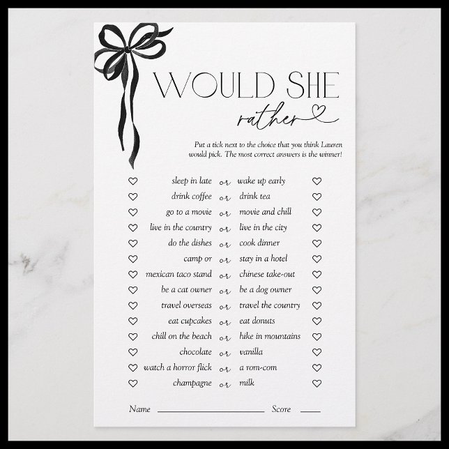 Would She Rather Black Bow Bridal Shower Game (Creator Uploaded)