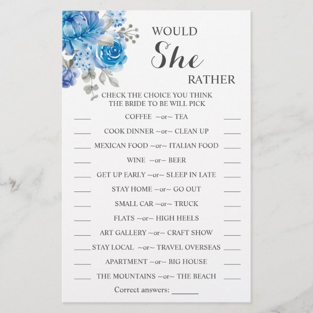 Would She Rather Blue Bridal Shower Game Card (Front)