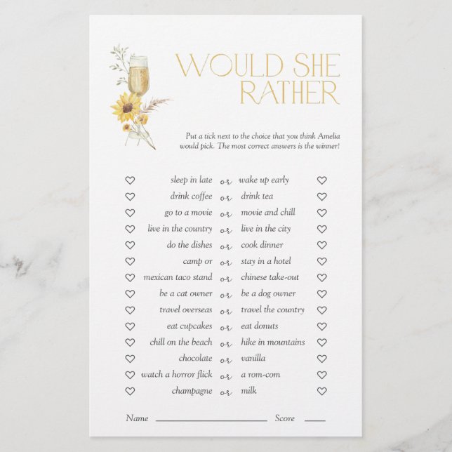 Would She Rather Boho Sunflower Bridal Shower Game (Front)