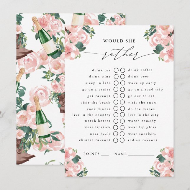 Would She Rather Boots & Bubbly Party Game Enclosure Card (Front/Back)