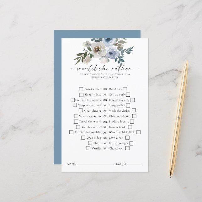 Would She Rather Bridal Shower Game Dusty Blue (Front/Back In Situ)