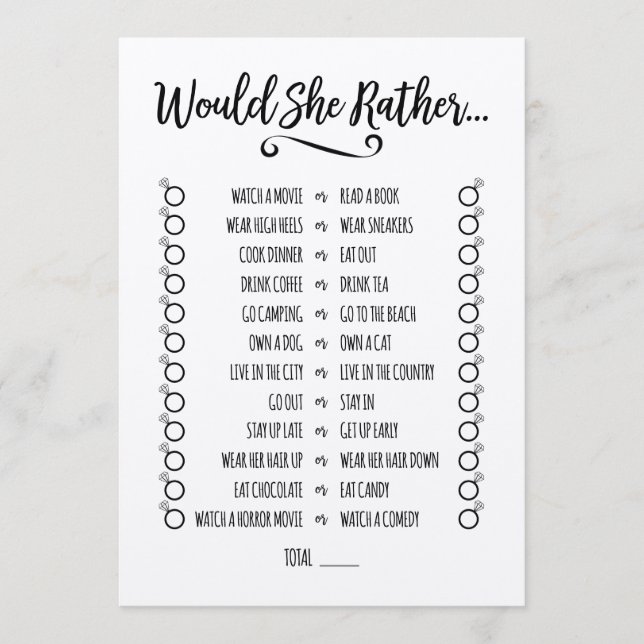 Would She Rather Bridal Shower Game Program (Front)