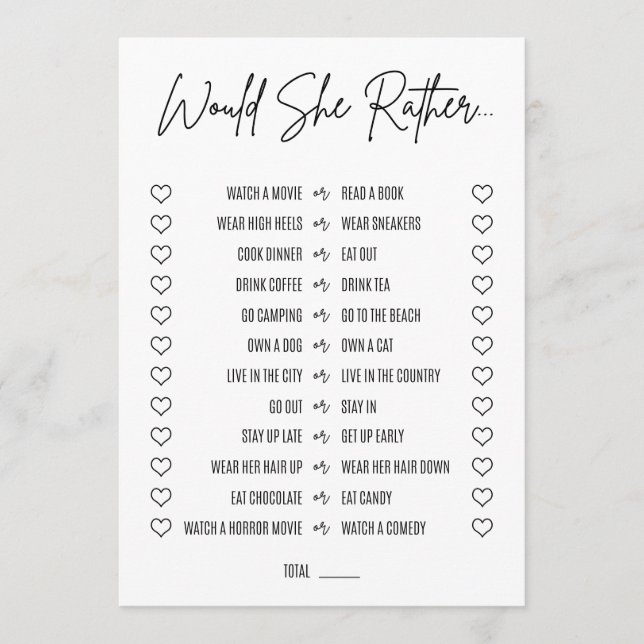 Would She Rather Bridal Shower Game Program (Front)