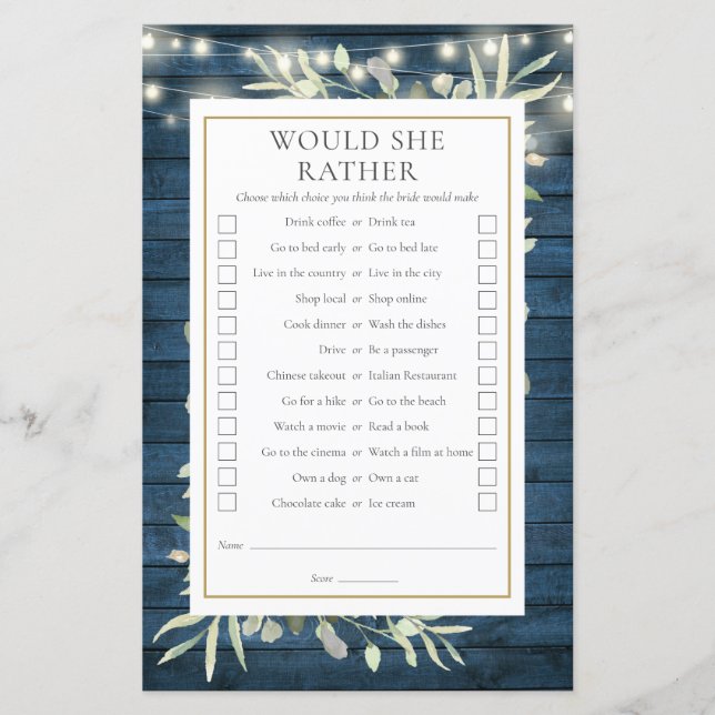 Would She Rather Bridal Shower Tea Party Game (Front)