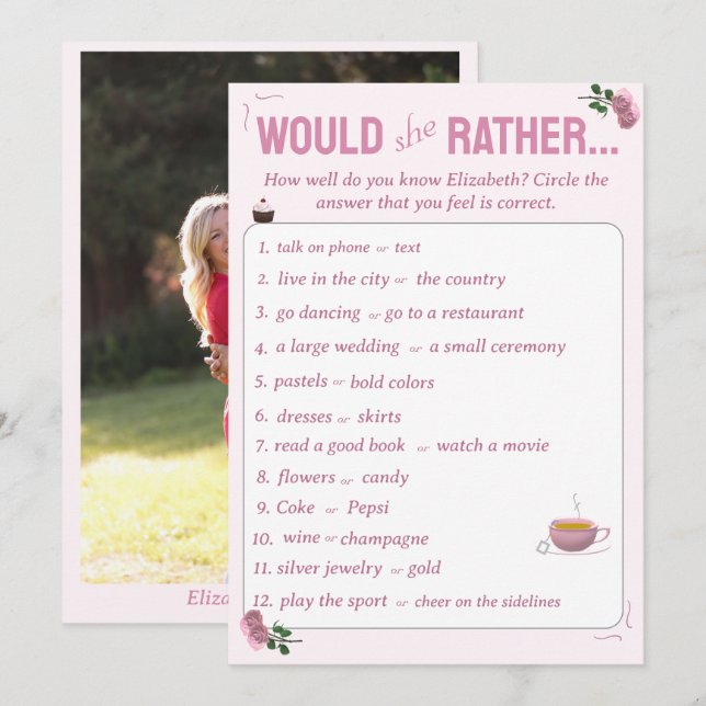 Would She Rather Bridal Shower with Photo Game  Advice Card (Front/Back)