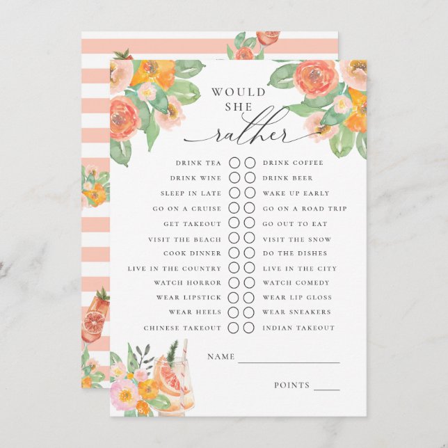Would She Rather Bright Cocktail Bridal Game Enclosure Card (Front/Back)