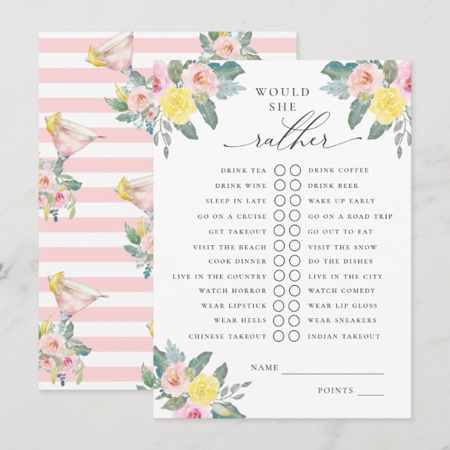 Would She Rather Bright Cocktail Bridal Game Enclosure Card (Front/Back)