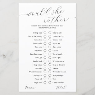 Would She Rather Calligraphy Bridal Shower Game