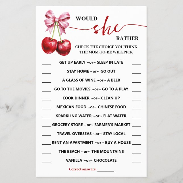 Would She Rather Cherry Baby Shower Game Card (Front)
