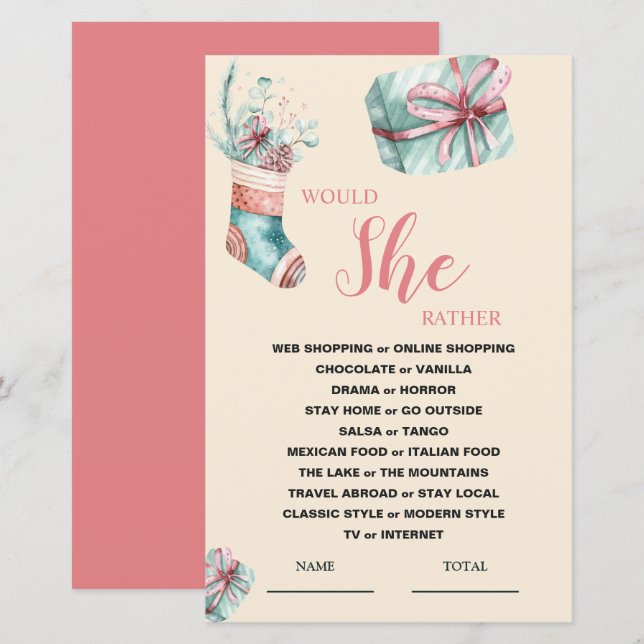 Would She Rather Christmas Stocking Bridal Game (Front/Back)