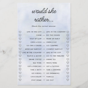 Would She Rather Cloud 9 Blue Bridal Shower Game Flyer