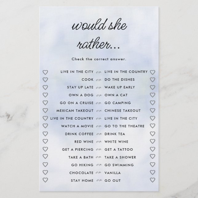Would She Rather Cloud 9 Blue Bridal Shower Game Flyer (Front)