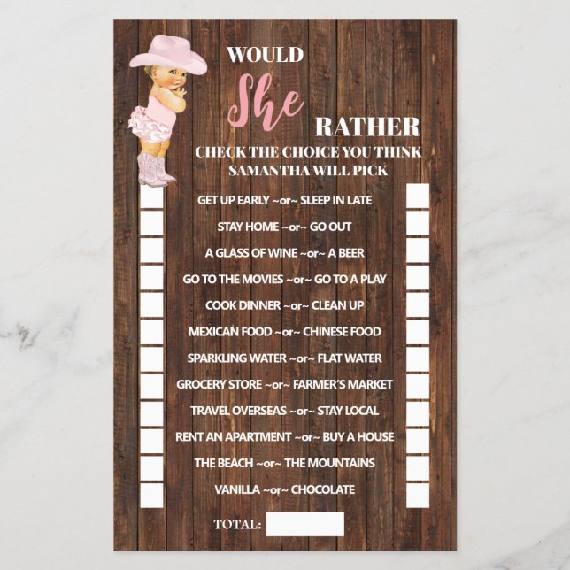Would She Rather Cowgirl Baby Shower Game Card (Front)