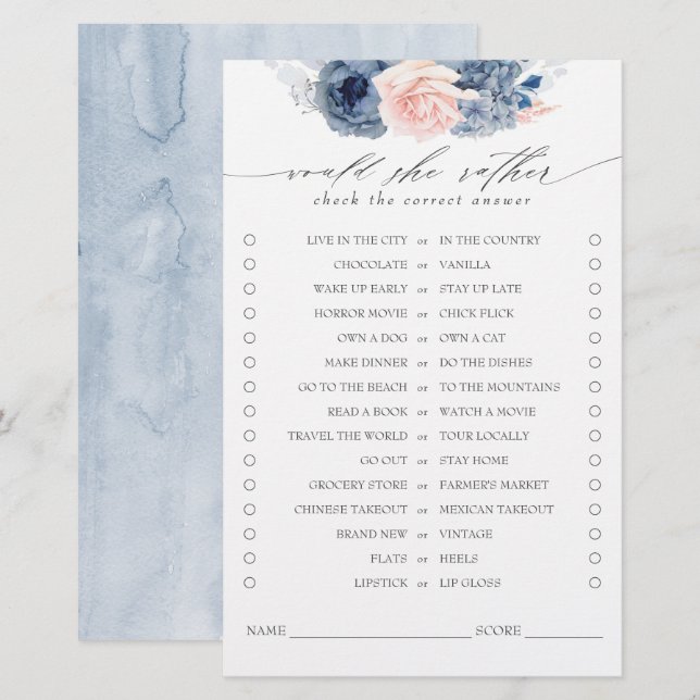 Would She Rather Dusty Blue Bridal Shower Game (Front/Back)