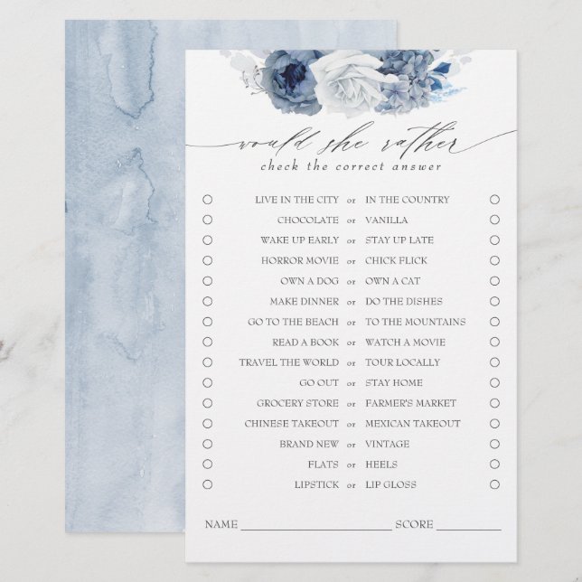 Would She Rather Dusty Blue Bridal Shower Game (Front/Back)