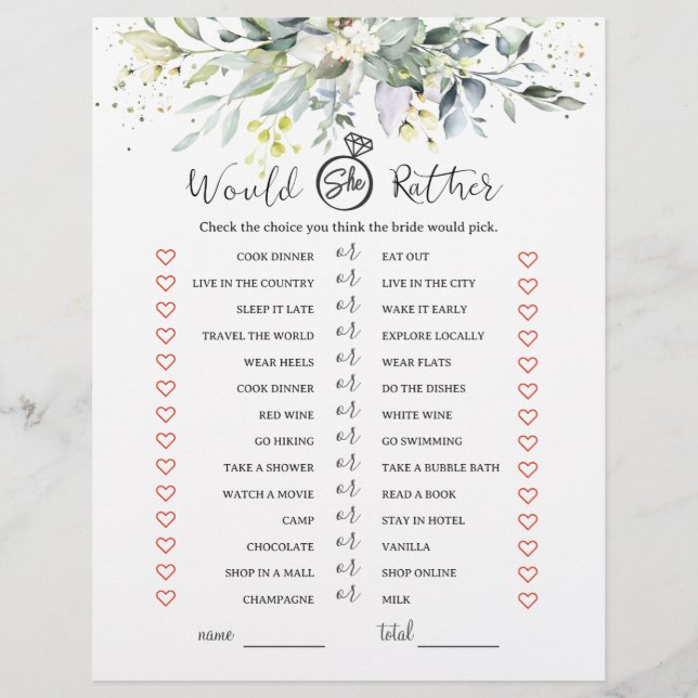 Would She Rather Eucalyptus Bridal Shower Game (Front)