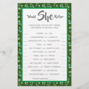 Would She Rather Eucalyptus BridalShower Game Card