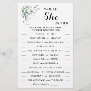 Would She Rather Eucalyptus BridalShower Game Card