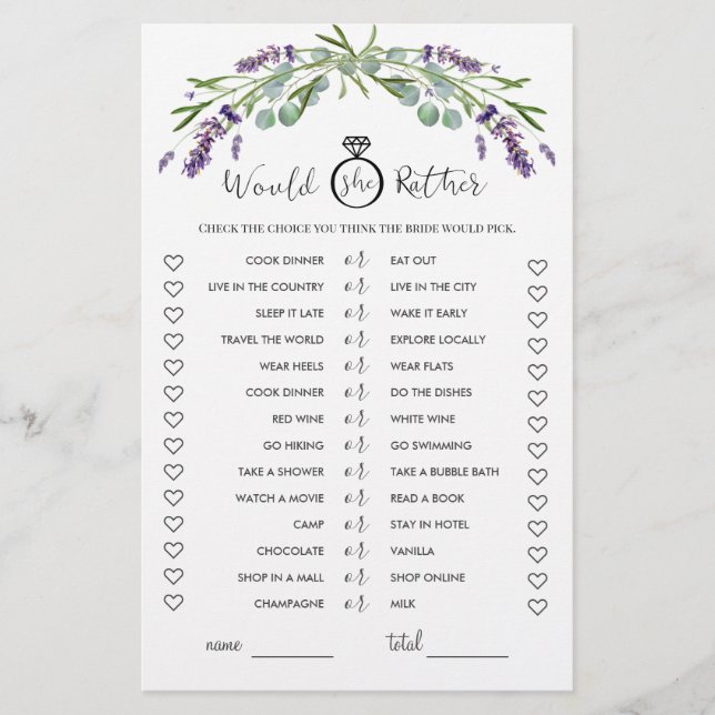 Would She Rather Eucalyptus  Lavender Bridal Game (Front)