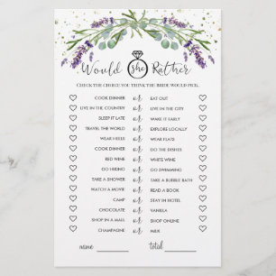 Would She Rather Eucalyptus Lavender Bridal Game Flyer