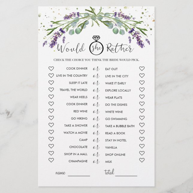 Would She Rather Eucalyptus  Lavender Bridal Game Flyer (Front)