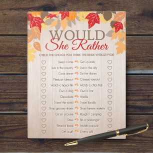 Would She Rather Fall Bridal Shower Game Pack Notepad