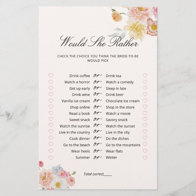 Would She Rather Floral Bridal Shower Game  (Front)