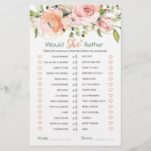 Would She Rather Floral Foliage Bridal Shower Game