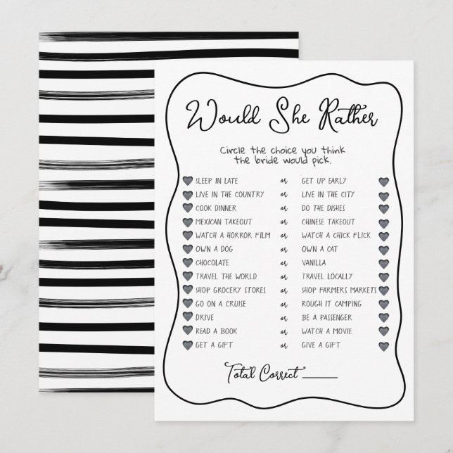 Would She Rather Hand Drawn Bridal Shower game Invitation (Front/Back)