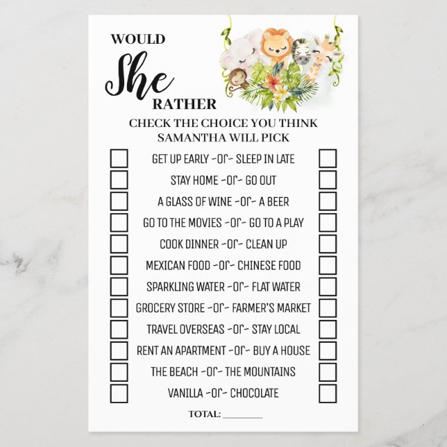Would She Rather Jungle Baby Shower Game Card (Front)