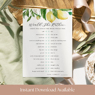 Would She Rather Lemon Bridal Shower Game Card