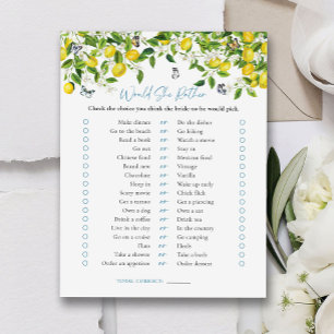 Would She Rather Lemon Citrus Bridal Shower Game