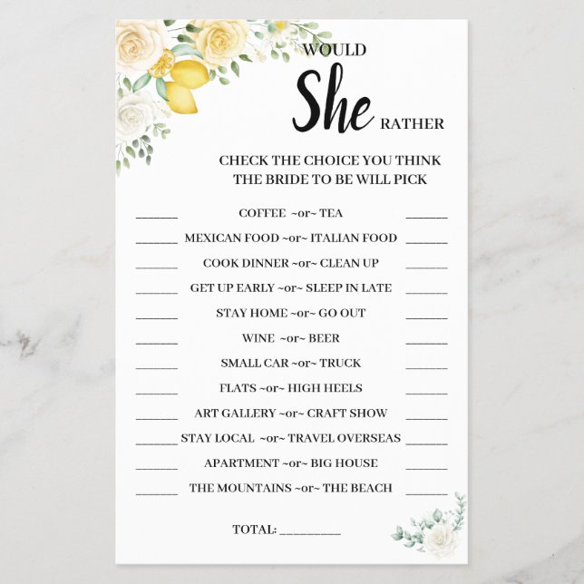 Would She Rather Lemon&Rose BridalShower Game Card (Front)