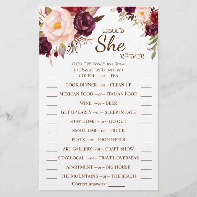 Would She Rather Marsala Bridal Shower Game Card (Front)