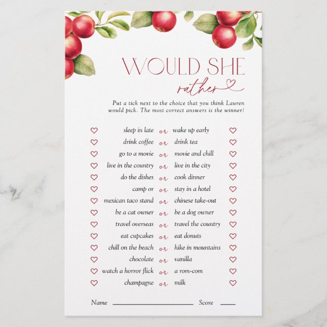 Would She Rather Modern Apple Bridal Shower Game (Front)
