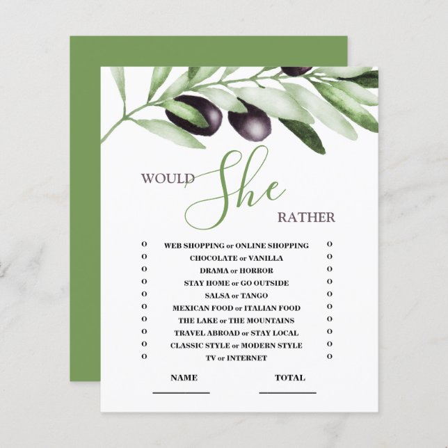 Would She Rather Olive Branch Bridal Shower Game (Front/Back)