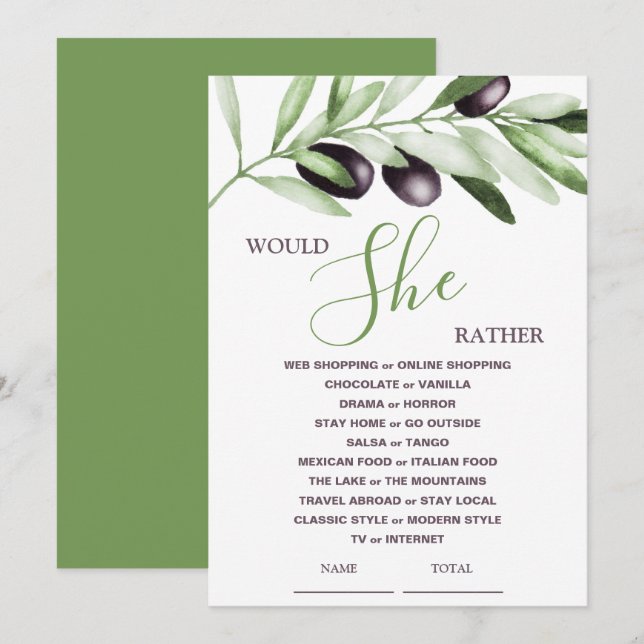 Would She Rather Olive Branches Bridal Shower Game Invitation (Front/Back)