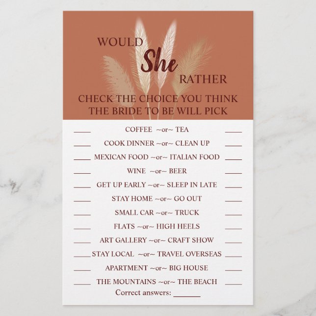 Would She Rather Pampas Bridal Shower Game Card (Front)