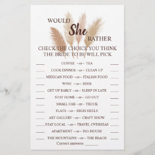 Would She Rather Pampas Bridal Shower Game Card