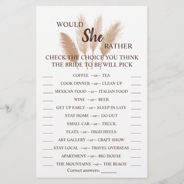 Would She Rather Pampas Bridal Shower Game Card (Front)
