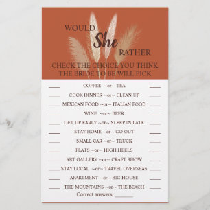 Would She Rather Pampas Bridal Shower Game Card