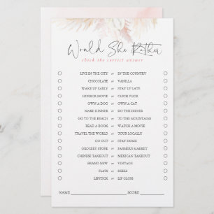 Would She Rather Pampas Grass Bridal Game