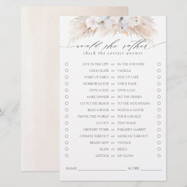 Would She Rather Pampas Grass Bridal Shower Game (Front/Back)