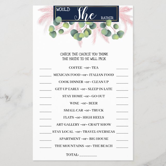 Would She Rather Pampas Grass BridalShower Game Flyer (Front)
