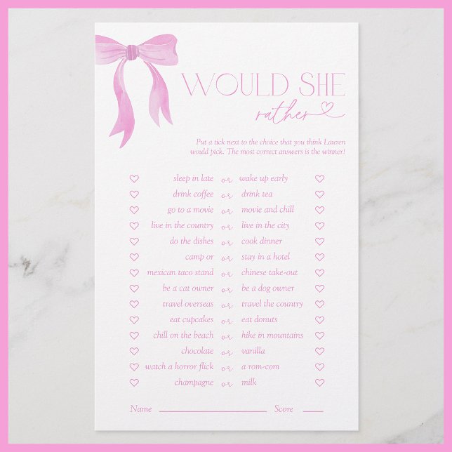 Would She Rather Pink Bow Bridal Shower Game (Creator Uploaded)