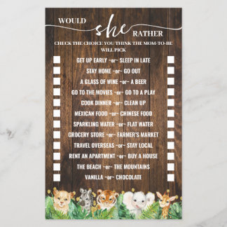 Would She Rather Safari Baby Shower Game Card