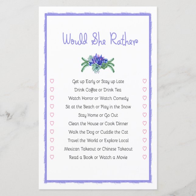Would She Rather Succulent Bridal Shower Game (Front)