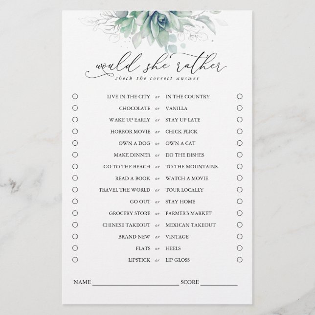 Would She Rather Succulents Greenery Bridal Game (Front)