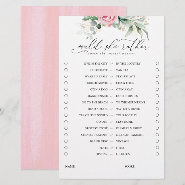 Would She Rather Succulents Greenery Bridal Game (Front/Back)