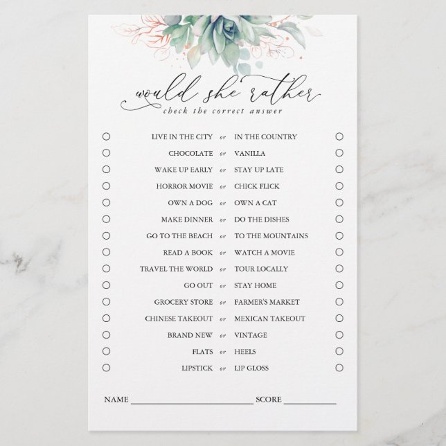 Would She Rather Succulents Greenery Bridal Game (Front)